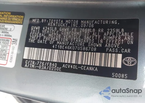 2007 Toyota Camry Le из США, поврежденный, VIN 4T1BE46K07U586708